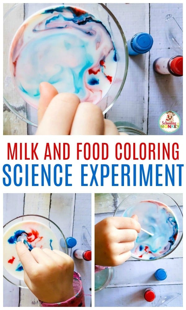 Try this fun milk and food coloring science experiment with your preschoolers or kindergarten kids! It's a fun hands on learning activity for early elementary #preschool#scienceclass #handsonlearning #handsonscience #teachscience #kidsactivities