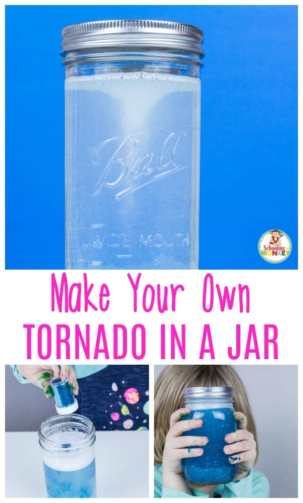 Learn about science with a tornado in a jar! This tornado in a jar lesson plan is so easy and an excellent way to learn about centripetal force and makes an excellent tornado science project. Use our tornado in a jar worksheet to complete the glitter tornado science activity! #stemactivities #scienceexperimentsforkids #science #stem