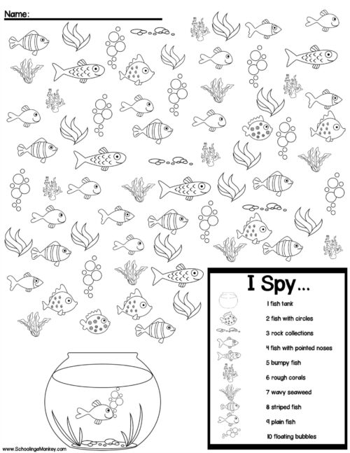 This aquarium I spy counting worksheet allows children to find and color fish and other aquarium creatures while counting up to 10.