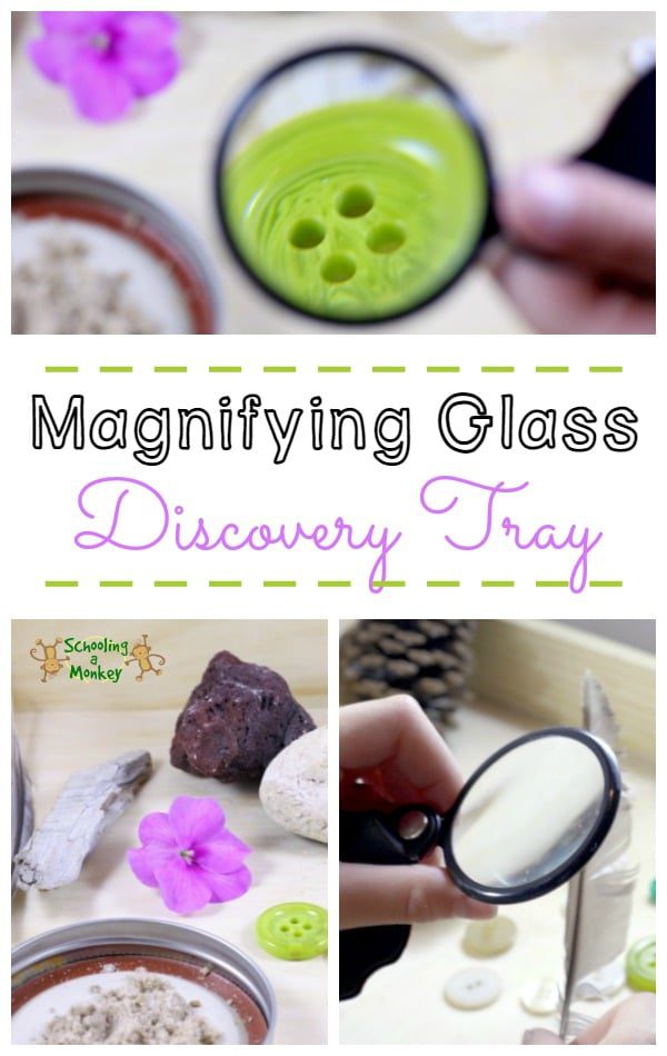 Explore textures and different objects with a simple magnifying glass activity for preschoolers with a science discovery tray!