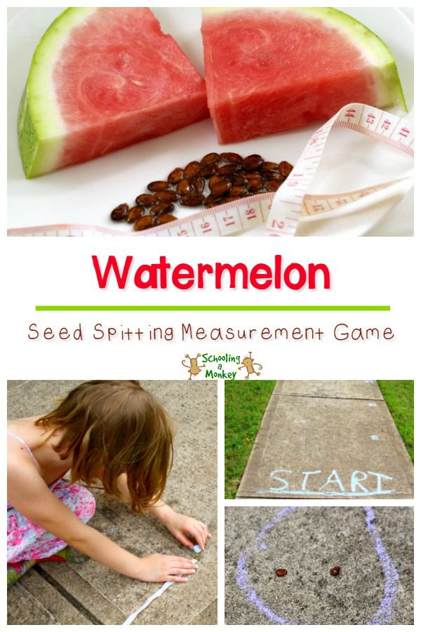 Exciting hands-on watermelon math game for kids to do outdoors! A fun measurement game all about spitting watermelon seeds!