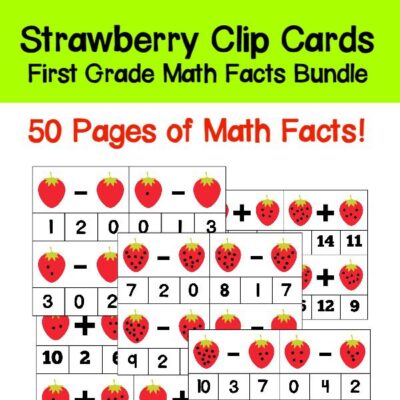 Students will love practicing their addition and subtraction facts with this set of strawberry-themed first grade math facts clip cards. All basic math facts from 0-10 are included!Also included are blank cards so you can create your own math facts clip cards. 50 pages of math fact fun!