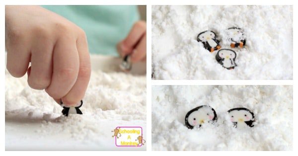 Preschoolers will love these fun penguin preschool activities playing hide and seek with penguins in fake snow. Sensory play and learning!
