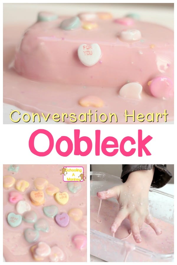 Valentine's Day is filled with fun and science when you make this easy oobleck recipe using conversation hearts! Kids will love making this!