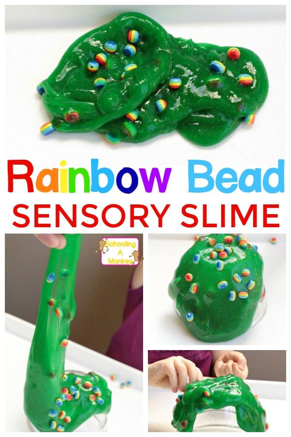 This rainbow bead sensory slime recipe is perfect for St. Patrick's Day or any time of year! Rainbow fun and stretchy slime fun!