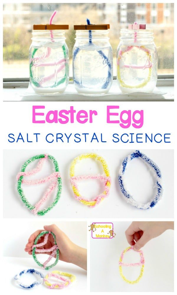 Celebrate the sparkly side of Easter with the salt crystal Easter egg salt crystal science experiment! This Easter STEM activity shows kids how many sides does a perfect salt crystal have. How to make crystal eggs is the perfect Easter science experiment. #easter #stemactivities #scienceexperiments #easterstemactivities