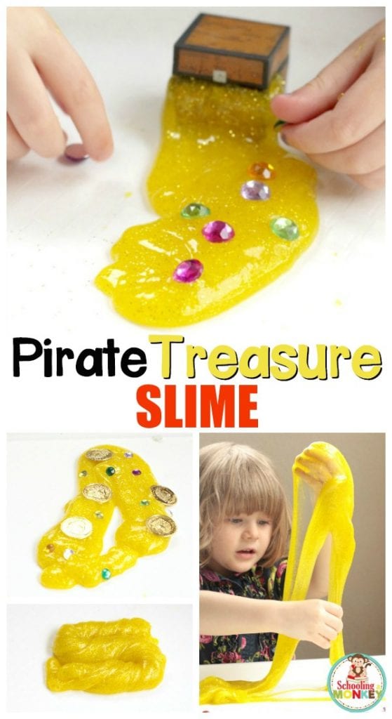 Little pirate lovers will adore this fun recipe for pirate treasure slime! This slime recipe is the perfect sensory activity for a pirate thematic unit!