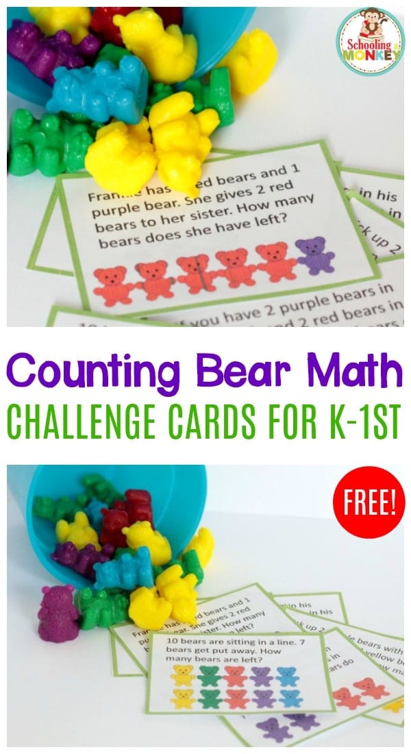 These math counting bear printables feature word challenge cards teaching kindergartners addition and subtraction. Perfect as a math center activity!