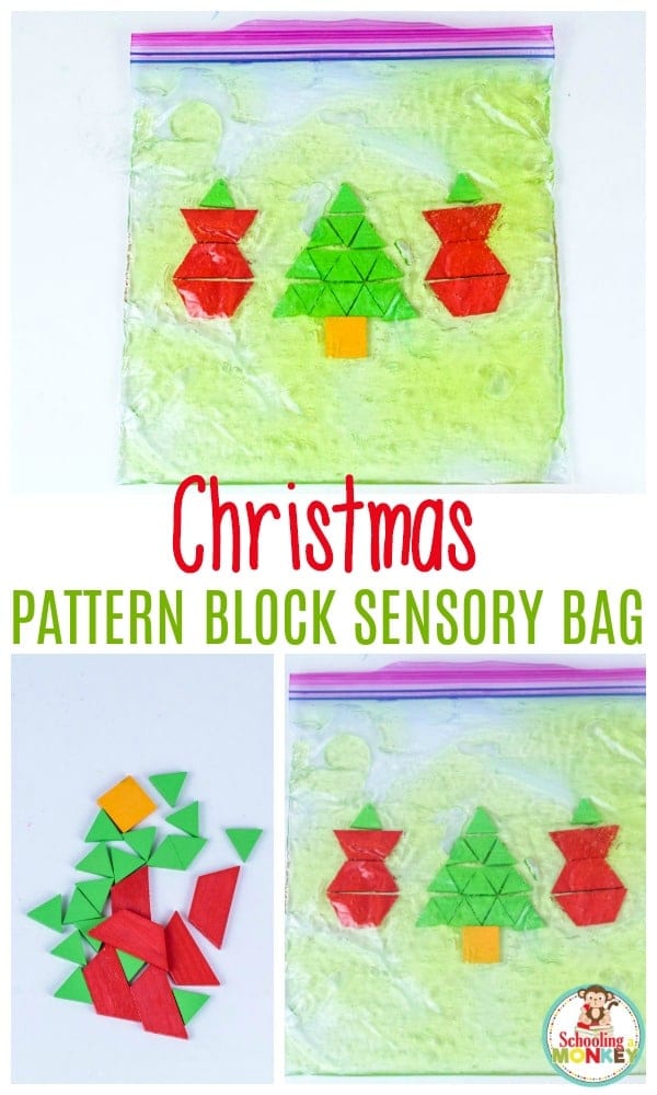 Make Christmas a fun sensory activity and math rolled into one with this Christmas pattern block sensory bag! Preschoolers will love this STEM activity!