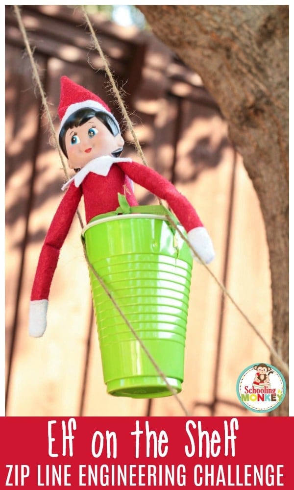Mix Elf on the Shelf activities with STEM activities for kids in this fun Elf on the Shelf zip line STEM challenge! the elf has to travel somehow!
