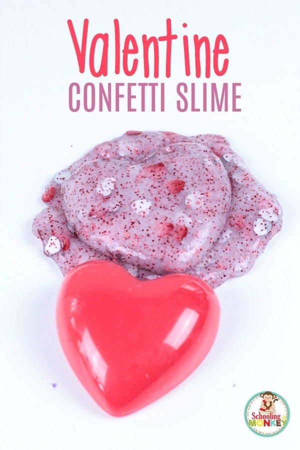 This Valentine's Day slime recipe is perfect for kids of all ages! Make this Valentine confetti slime as a non-candy valentine for your kid's class or make it in school as a Valentine STEM activity! #valentinesday #kidsactivities #slime #slimerecipes