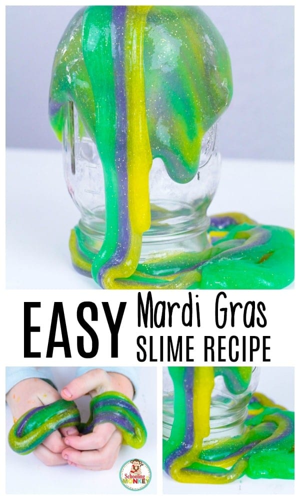 Just 3 ingredients! Easy Mardi Gras slime recipe that will delight children all through the Mardi Gras season! Make at school or at home!