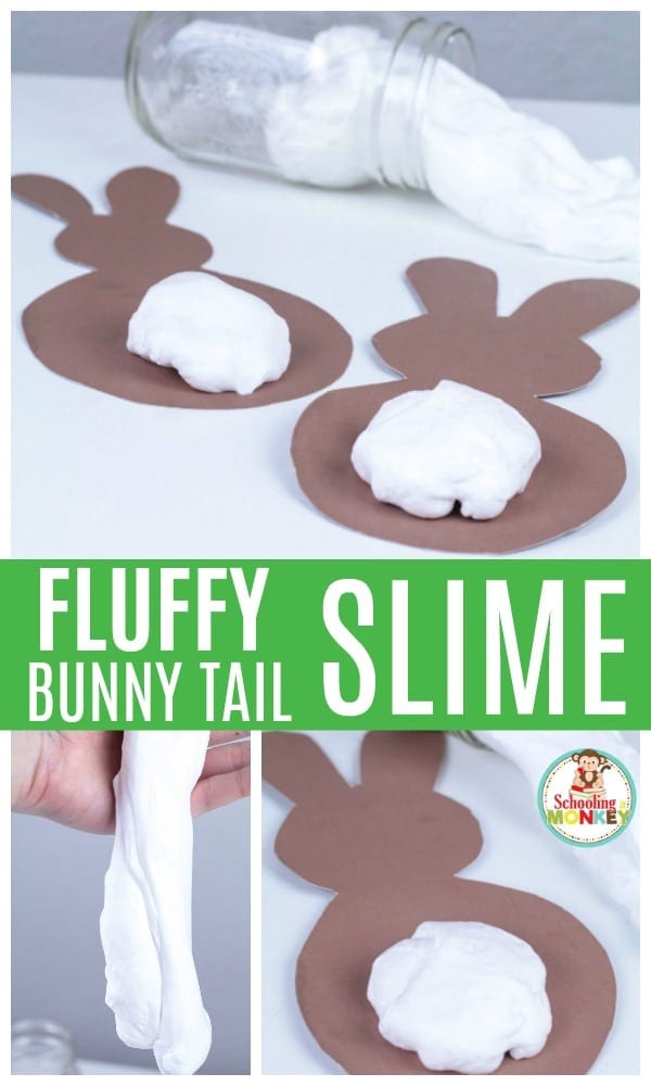 Calling all slime fans! This fluffy bunny tail slime recipe is the perfect slime recipe for Easter! The Easter slime is super fluffy and looks just like a bunny tail! Use the printable bunny template to make this slime activity even easier! #slimerecipes #slime #easteractivities #easter