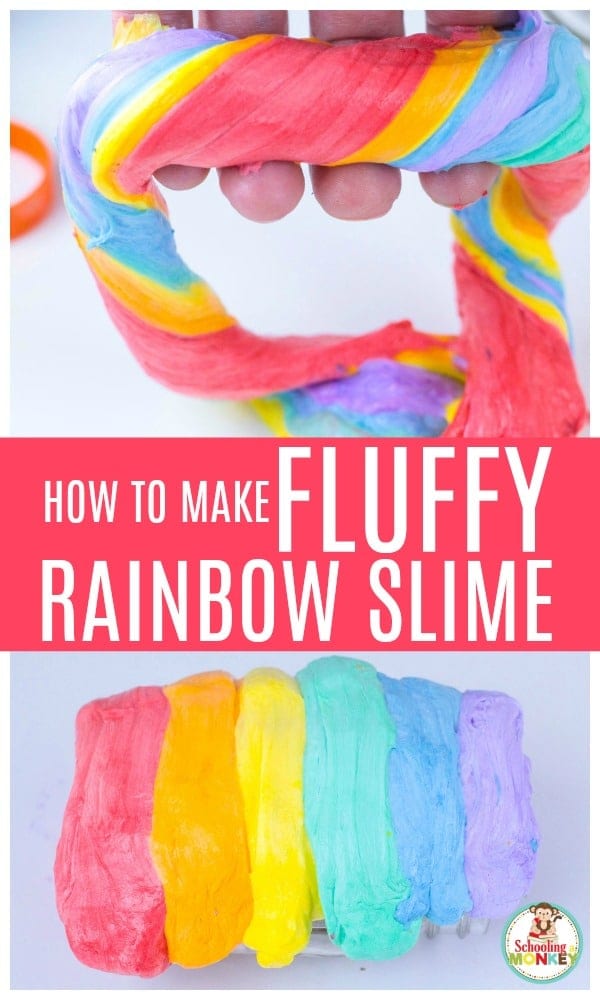 Slime lovers will adore this fluffy version of rainbow slime! This fluffy rainbow slime recipe is super easy to make and it's less messy than many other slime recipes out there. Rainbow slime that is fluffy is fun and you'll learn how to make fluffy rainbow slime in no time! #slimerecipes #slime #rainbow #kidsactivities