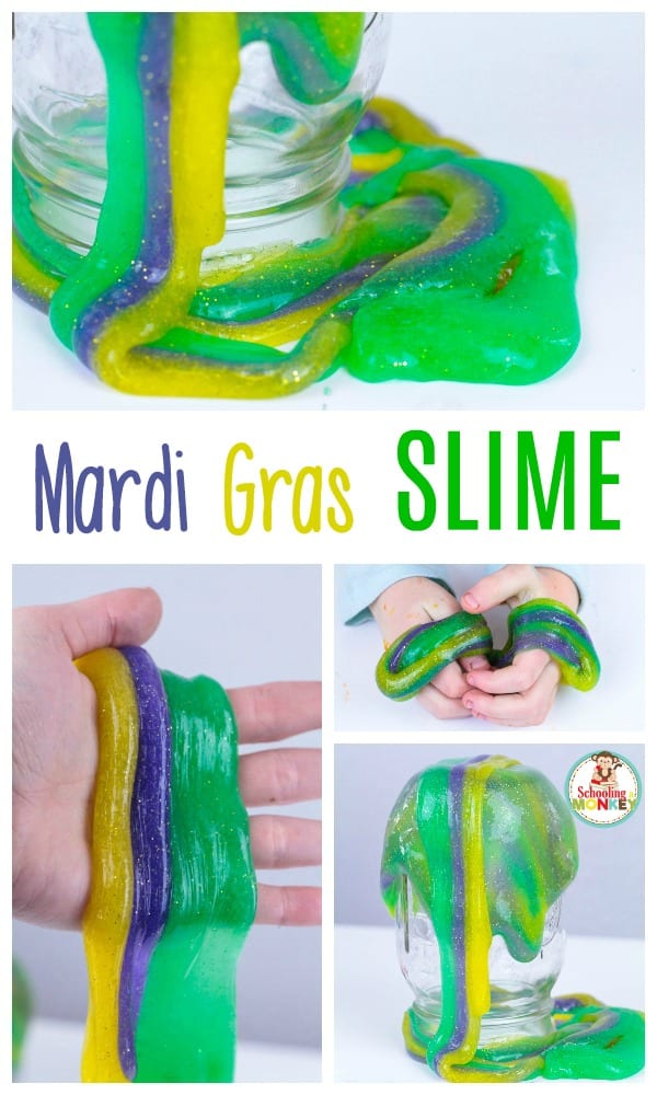 Holiday slime recipes are so much fun! This Mardi Gras slime recipe is the perfect slime recipe for Mardi Gras! The simple slime recipe is so colorful and stretchy, it's the perfect Mardi Gras activity for kids! #mardigras #slimerecipes #slime #kidsactivities