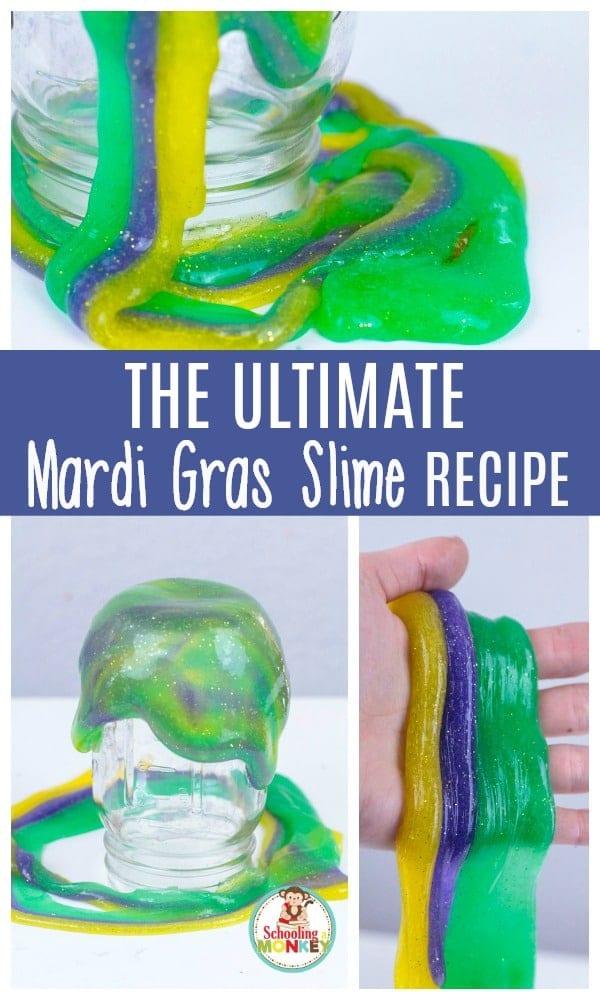 Holiday slime recipes are so much fun! This Mardi Gras slime recipe is the perfect slime recipe for Mardi Gras! The simple slime recipe is so colorful and stretchy, it's the perfect Mardi Gras activity for kids! #mardigras #slimerecipes #slime #kidsactivities