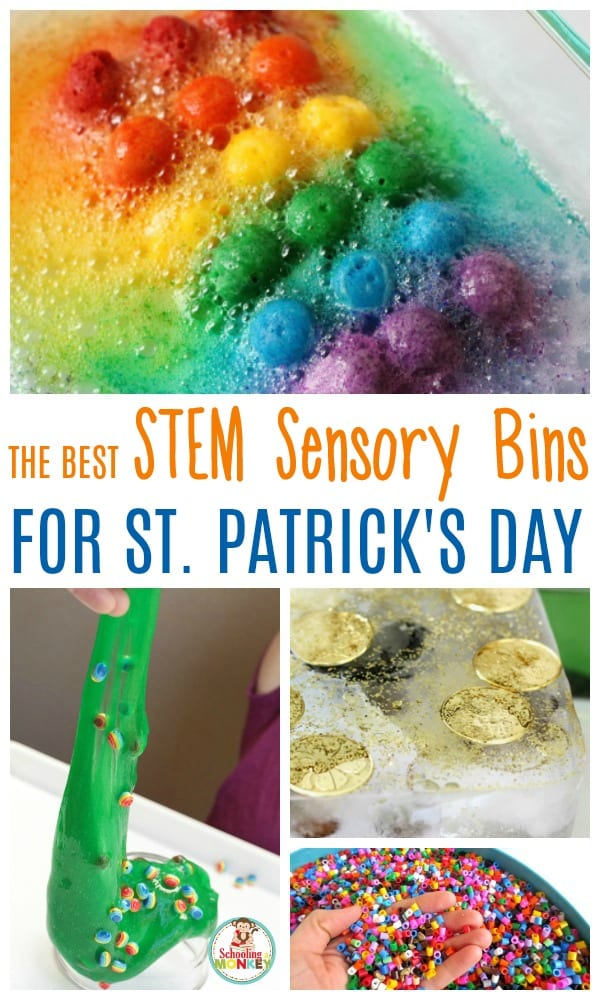 Foster a love of STEM topics in your preschoolers and toddlers with these festive St. Patrick's Day STEM sensory bins. These St. Patrick's Day sensory bins teach the basics of science, technology, engineering, and math to the youngest preschool science fans. #stemactivities #preschoolactivities #stem #sensory