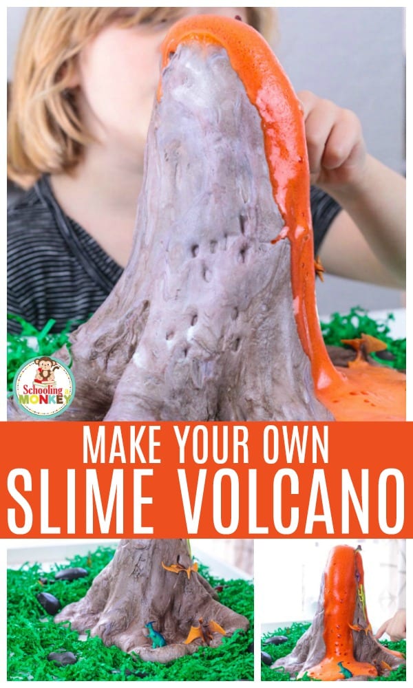 Take slime to the next level! Make volcano slime that really erupts using these easy directions for making dinosaur volcano slime! This volcano slime recipe uses fluffy slime and is perfect for setting up volcano science experiments at a science fair! Make slime educational! #slimerecipes #slime #slimer #scienceexperiments
