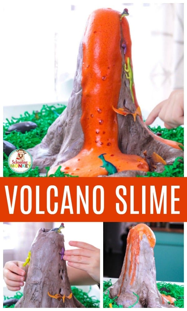 Take slime to the next level! Make volcano slime that really erupts using these easy directions for making dinosaur volcano slime! This volcano slime recipe uses fluffy slime and is perfect for setting up volcano science experiments at a science fair! Make slime educational! #slimerecipes #slime #slimer #scienceexperiments