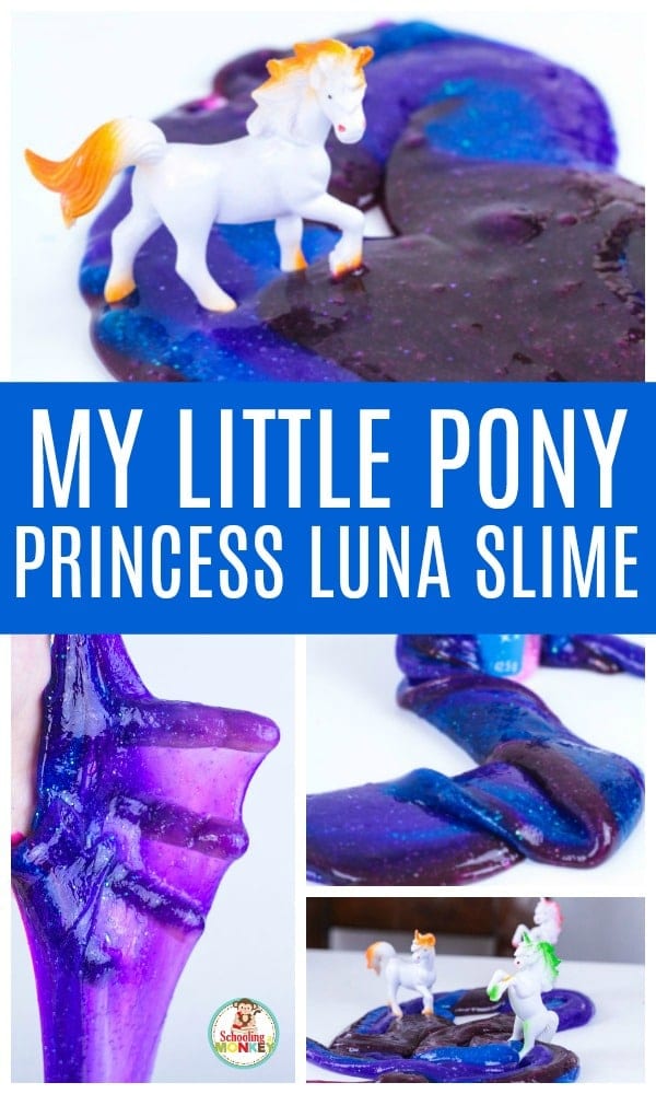 You've heard of unicorn slime, now try dark unicorn slime! This slime recipe is inspired by Princess Luna from My Little Pony and would make a fun birthday party favor for any My Little Pony birthday party! Princess Luna slime is fun to make and play with and uses an easy slime recipe. #slime #slimerecipe #slimeer #slimerecipes #kidsactivities #mylittlepony #sensory #handsonlearning #summerfun #summeractivities #birthdayparty #partytheme