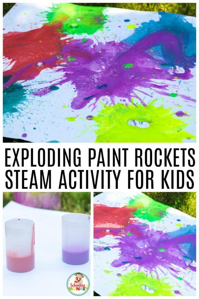 Make your very own exploding art this summer with the super fun STEM activity: exploding paint rockets! Make your exploding paint film canister rockets fly far into the air when you try this fun summer STEM activity. Exploding STEAM projects have never been as fun before! #stemed #stem #steamprojects #stemactivities #STEAM #kidsactivities #summerlearning #summerfun #scienceexperiments
