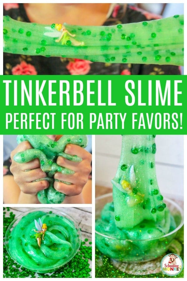 Disney slime is so much fun to make. This Tinkerbell slime recipe celebrates everyone’s favorite tiny fairy and looks just like Tinkerbell’s clothes. Make this Disney inspired slime for your Tinkerbell party! #tinkerbell #disney #slime #slimerecipes #slimer