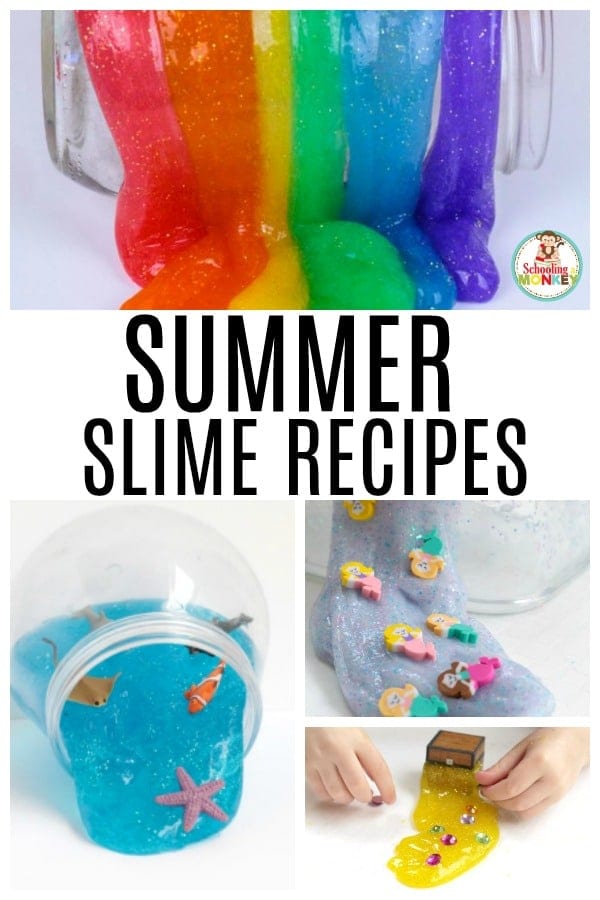 Slime recipes for summer include fun themes like ice cream, red white and blue, and ocean slime! Kids will have a blast making these tested and foolproof slime recipes that are safe for kids and tons of fun. These easy slime recipes will keep kids busy and active in screen-free activities all summer long! #slimerecipes #slime #slimer #summerfun #summeractivities #screenfreeactivities