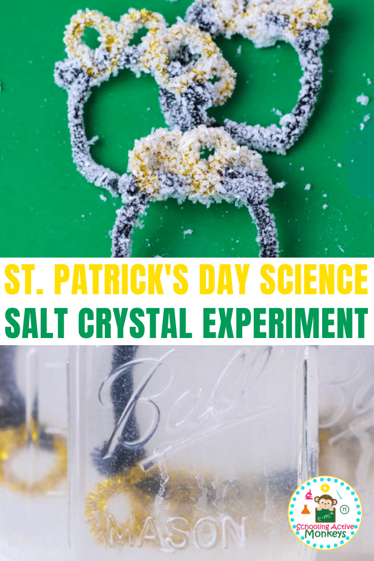 Do you love chemistry science experiments? You'll love this experiment on how to grow crystals with salt. This St. Patrick's Day science experiment gives a lucky twist on a classic science experiment for kids! #stemed #stemactivities #stpatricksday #stpatricksdayactivities #scienceexperiments