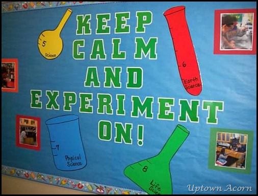 keep calm and experiment on science lab bulletin board