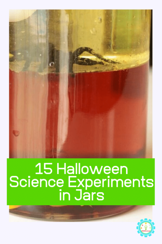 halloween density jar with orange and yellow layers that says "15 halloween science experiments in jars"