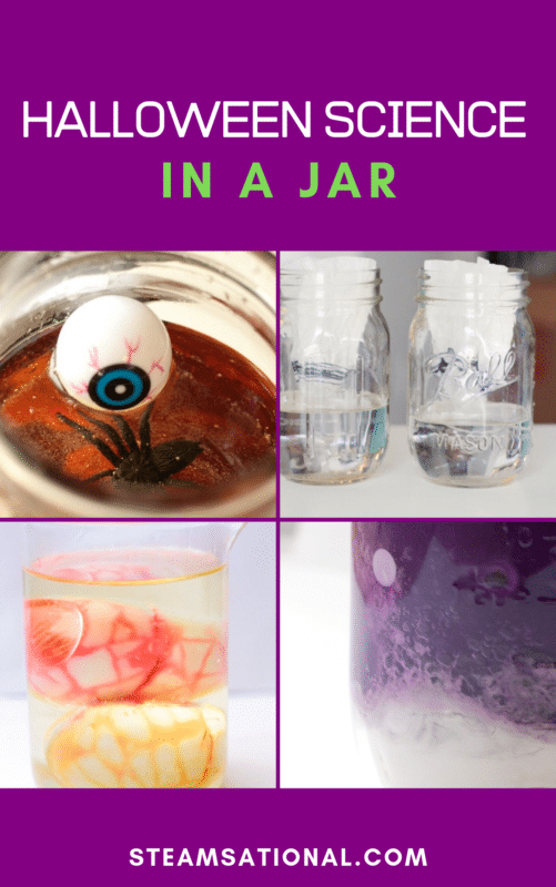 halloween science experiment collage that says "halloween science in a jar"