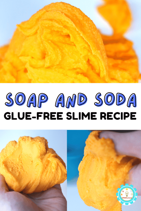This glue free slime recipe contains just baking soda and soap! It's easy to make and fun to play with!