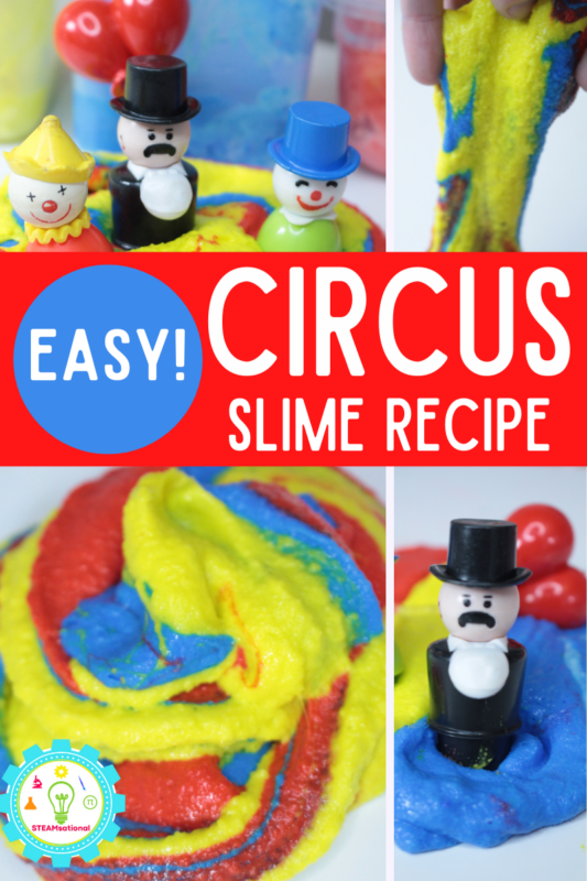 How to make fluffy circus slime! This easy circus slime recipe is filled with bright colors and takes less than 5 ingredients and 10 minutes to make!