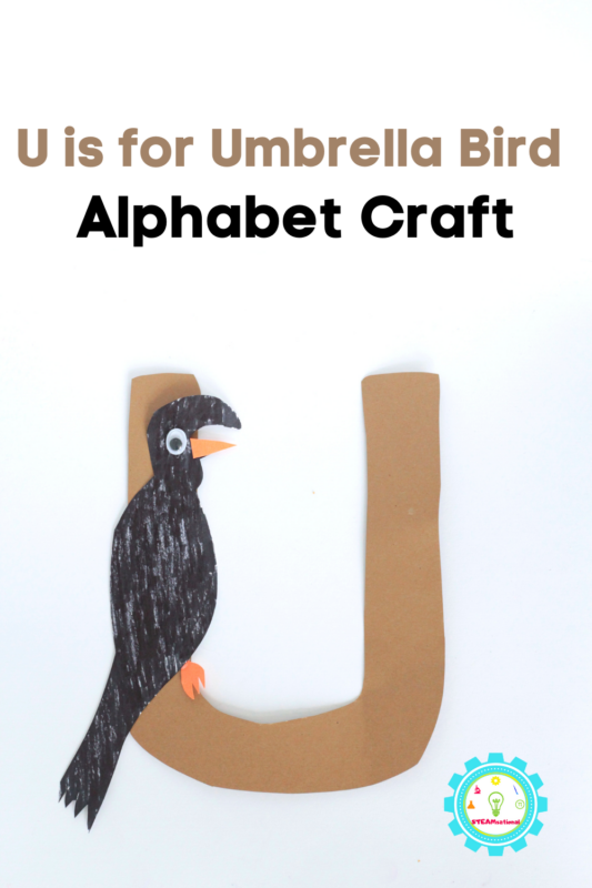 . Kids will love this letter in their alphabet crafts because it features a fun umbrella bird perched on the side of the letter U. The U is for umbrella bird alphabet craft is a fun way to transform a boring letter into an exciting animal.