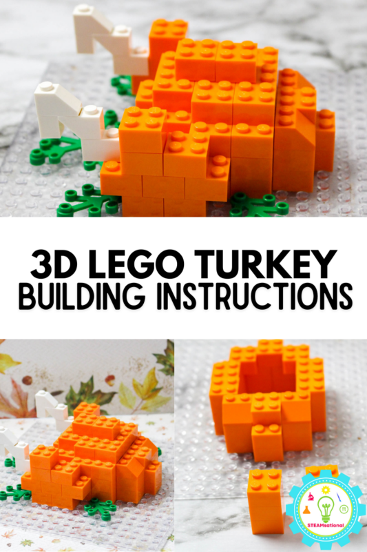 Step by step directions to make a 3D turkey dinner for Thanksgiving! These easy LEGO instructions will keep kids busy while the real turkey cooks!