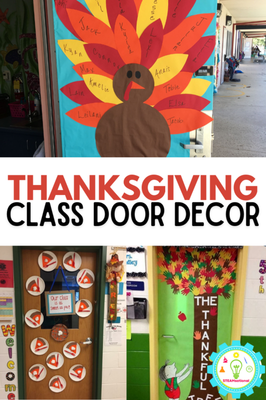 Try these super fun classroom door decorations in November for Thanksgiving! Why not start a Thanksgiving door decorating contest in your school for even more fun?