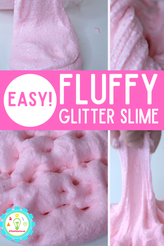 Easy 3-ingredient glitter glue slime recipe without contact solution! Whip up this sparkly, fluffy slime in 10 minutes or less!