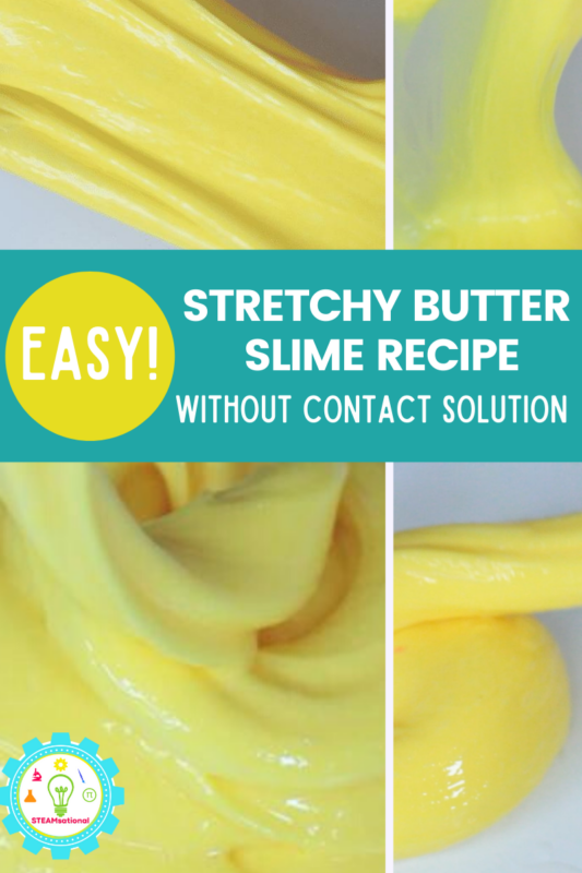 You don't need contact solution to make slime! This soft and stretchy butter slime recipe is a favorite with my kids and they have made it dozens of times! If you follow along with our easy slime recipe, then you're slime will come out perfectly, too!