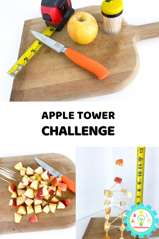 Apple tower STEM challenge lesson plan! Learn how to teach the basics of engineering in a fun way in this easy STEM engineering challenge.