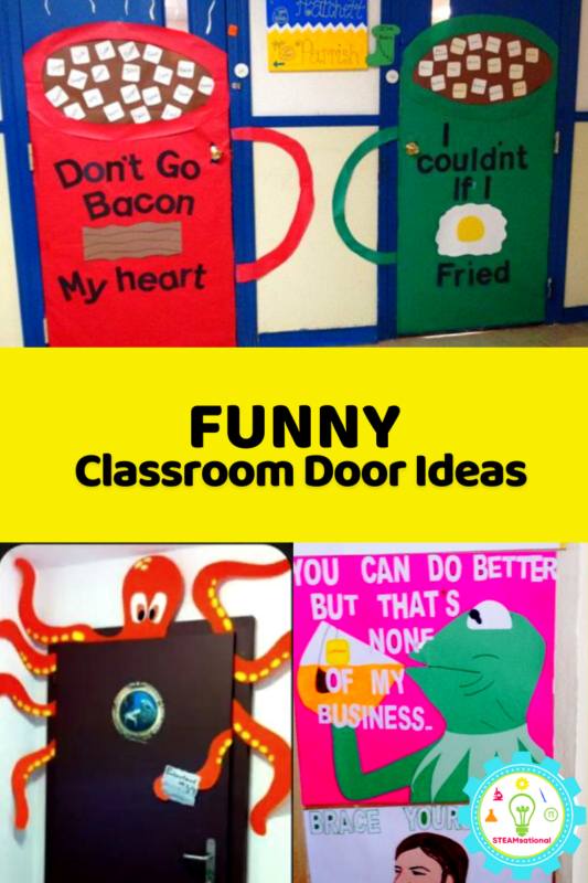 These funny classroom door decorations can help to stimulate creative thinking! Using the materials you have on hand, add your own personal touch to any of these design concepts.
