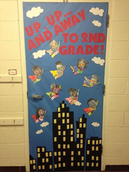 superhero students classroom door