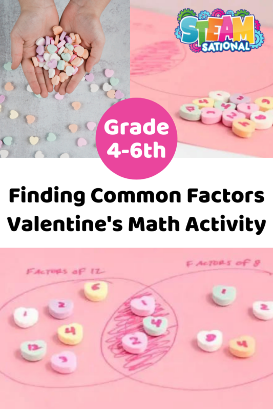 This super-simple Valentine's Day Venn diagram math activity teaches children in fourth, fifth, and sixth grades how to find the common factors between numbers. 