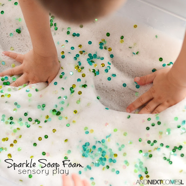 2 sparkle soap foam sensory play for kids easy sensory bin for st patricks day square